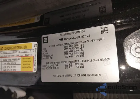 2021 Chevrolet Tahoe 4Wd Lt из США, поврежденный, VIN 1GNSKNKD2MR227621